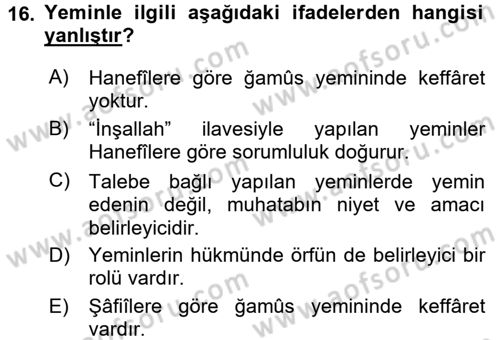 İslam İbadet Esasları Dersi 2017 - 2018 Yılı (Final) Dönem Sonu Sınav Soruları 16. Soru