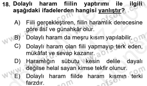 İslam İbadet Esasları Dersi 2017 - 2018 Yılı (Final) Dönem Sonu Sınav Soruları 18. Soru