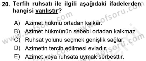 İslam İbadet Esasları Dersi 2017 - 2018 Yılı (Final) Dönem Sonu Sınav Soruları 20. Soru