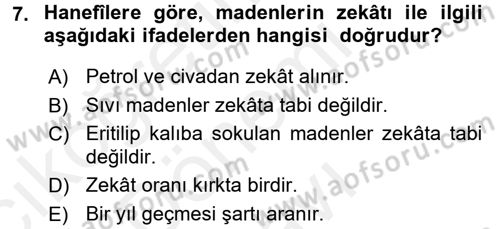 İslam İbadet Esasları Dersi 2017 - 2018 Yılı (Final) Dönem Sonu Sınav Soruları 7. Soru