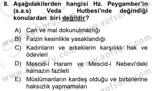 İslam İbadet Esasları Dersi 2017 - 2018 Yılı (Final) Dönem Sonu Sınav Soruları 8. Soru