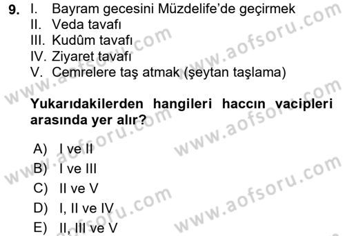 İslam İbadet Esasları Dersi 2017 - 2018 Yılı (Final) Dönem Sonu Sınav Soruları 9. Soru