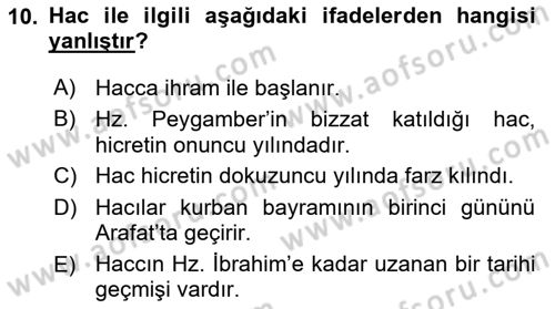 İslam İbadet Esasları Dersi 2018 - 2019 Yılı 3 Ders Sınav Soruları 10. Soru