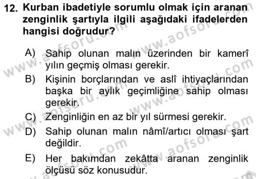 İslam İbadet Esasları Dersi 2018 - 2019 Yılı 3 Ders Sınav Soruları 12. Soru