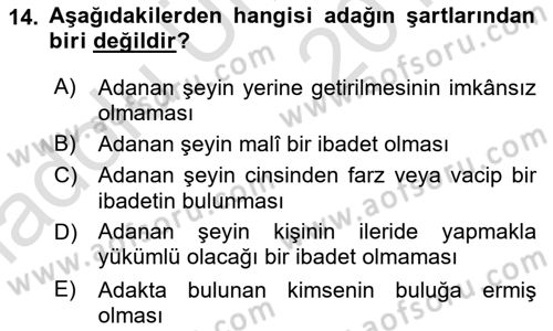 İslam İbadet Esasları Dersi 2018 - 2019 Yılı 3 Ders Sınav Soruları 14. Soru
