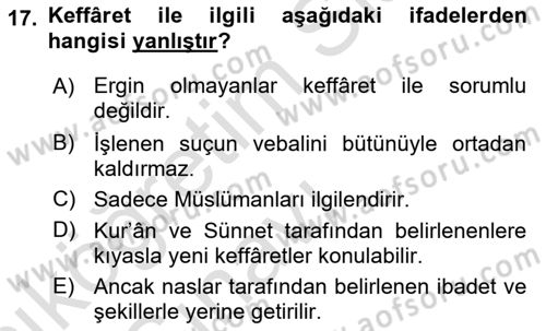 İslam İbadet Esasları Dersi 2018 - 2019 Yılı 3 Ders Sınav Soruları 17. Soru