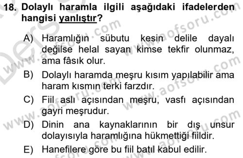İslam İbadet Esasları Dersi 2018 - 2019 Yılı 3 Ders Sınav Soruları 18. Soru