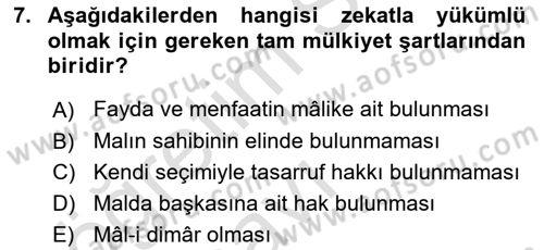 İslam İbadet Esasları Dersi 2018 - 2019 Yılı 3 Ders Sınav Soruları 7. Soru