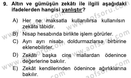 İslam İbadet Esasları Dersi 2018 - 2019 Yılı 3 Ders Sınav Soruları 9. Soru