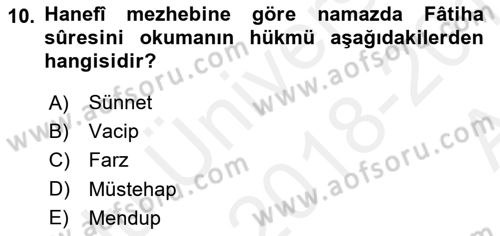 İslam İbadet Esasları Dersi Ara Sınavı Deneme Sınav Soruları 10. Soru