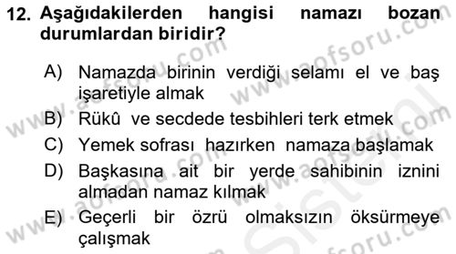 İslam İbadet Esasları Dersi Ara Sınavı Deneme Sınav Soruları 12. Soru