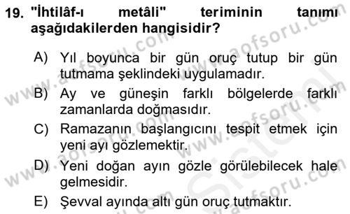 İslam İbadet Esasları Dersi Ara Sınavı Deneme Sınav Soruları 19. Soru
