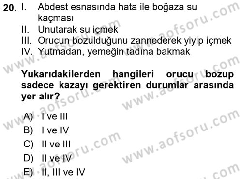 İslam İbadet Esasları Dersi Ara Sınavı Deneme Sınav Soruları 20. Soru