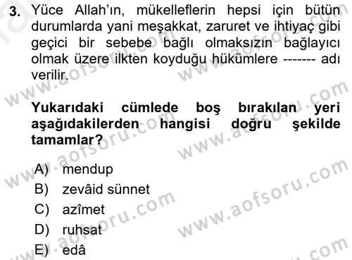 İslam İbadet Esasları Dersi Ara Sınavı Deneme Sınav Soruları 3. Soru