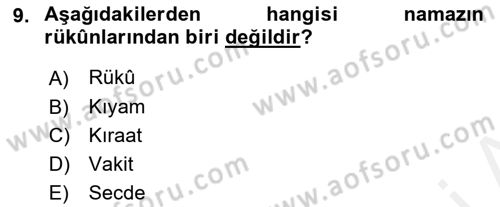 İslam İbadet Esasları Dersi Ara Sınavı Deneme Sınav Soruları 9. Soru