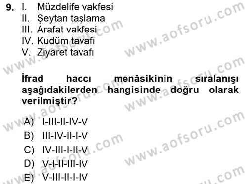 İslam İbadet Esasları Dersi 2018 - 2019 Yılı (Final) Dönem Sonu Sınav Soruları 9. Soru