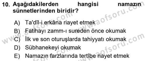 İslam İbadet Esasları Dersi 2019 - 2020 Yılı (Vize) Ara Sınav Soruları 10. Soru