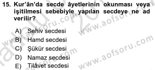 İslam İbadet Esasları Dersi Ara Sınavı Deneme Sınav Soruları 15. Soru