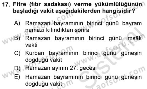 İslam İbadet Esasları Dersi 2019 - 2020 Yılı (Vize) Ara Sınav Soruları 17. Soru