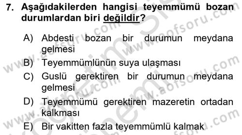 İslam İbadet Esasları Dersi Ara Sınavı Deneme Sınav Soruları 7. Soru