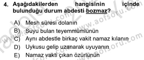 İslam İbadet Esasları Dersi 2020 - 2021 Yılı Yaz Okulu Sınav Soruları 4. Soru
