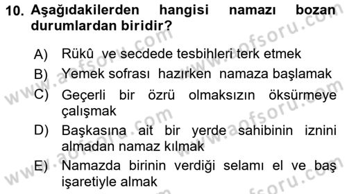 İslam İbadet Esasları Dersi Ara Sınavı Deneme Sınav Soruları 10. Soru