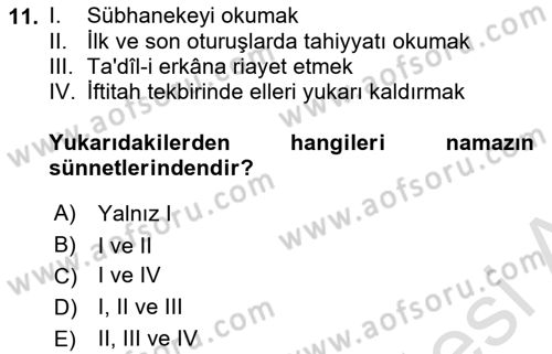 İslam İbadet Esasları Dersi Ara Sınavı Deneme Sınav Soruları 11. Soru