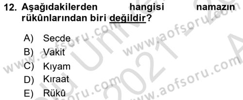 İslam İbadet Esasları Dersi 2021 - 2022 Yılı (Vize) Ara Sınav Soruları 12. Soru