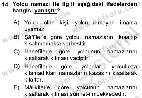 İslam İbadet Esasları Dersi 2021 - 2022 Yılı (Vize) Ara Sınav Soruları 14. Soru