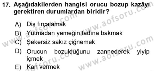 İslam İbadet Esasları Dersi Ara Sınavı Deneme Sınav Soruları 17. Soru