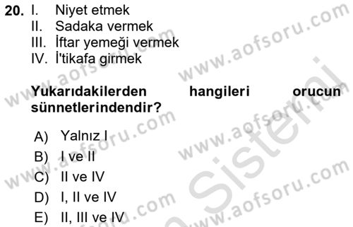 İslam İbadet Esasları Dersi Ara Sınavı Deneme Sınav Soruları 20. Soru