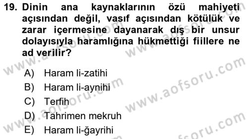 İslam İbadet Esasları Dersi 2021 - 2022 Yılı (Final) Dönem Sonu Sınav Soruları 19. Soru