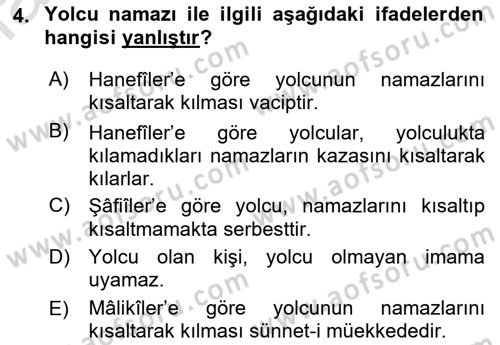 İslam İbadet Esasları Dersi 2021 - 2022 Yılı (Final) Dönem Sonu Sınav Soruları 4. Soru