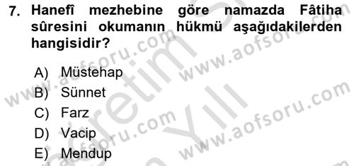 İslam İbadet Esasları Dersi 2021 - 2022 Yılı Yaz Okulu Sınav Soruları 7. Soru