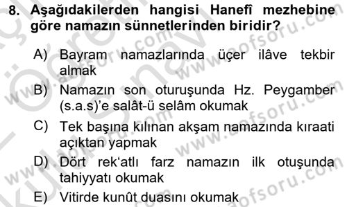 İslam İbadet Esasları Dersi 2021 - 2022 Yılı Yaz Okulu Sınav Soruları 8. Soru