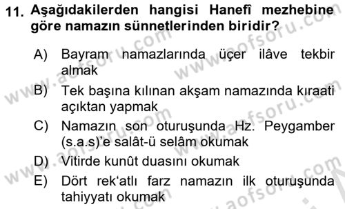 İslam İbadet Esasları Dersi Ara Sınavı Deneme Sınav Soruları 11. Soru