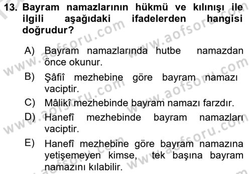 İslam İbadet Esasları Dersi 2022 - 2023 Yılı (Vize) Ara Sınavı 13. Soru