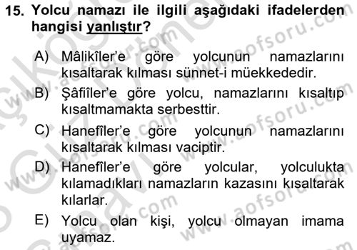 İslam İbadet Esasları Dersi 2022 - 2023 Yılı (Vize) Ara Sınav Soruları 15. Soru
