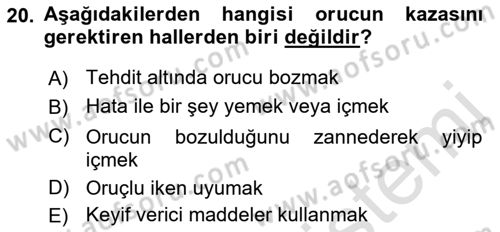 İslam İbadet Esasları Dersi Ara Sınavı Deneme Sınav Soruları 20. Soru