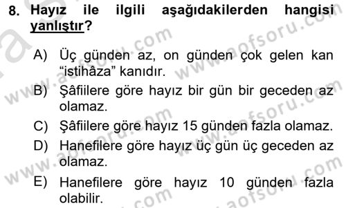 İslam İbadet Esasları Dersi 2022 - 2023 Yılı (Vize) Ara Sınav Soruları 8. Soru
