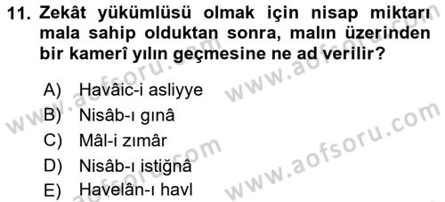 İslam İbadet Esasları Dersi 2022 - 2023 Yılı Yaz Okulu Sınav Soruları 11. Soru