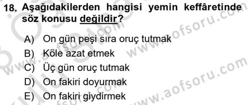 İslam İbadet Esasları Dersi 2022 - 2023 Yılı Yaz Okulu Sınav Soruları 18. Soru