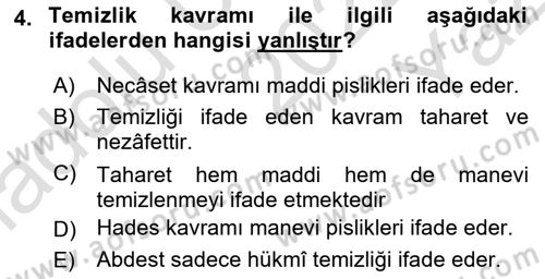 İslam İbadet Esasları Dersi 2022 - 2023 Yılı Yaz Okulu Sınav Soruları 4. Soru