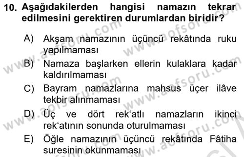 İslam İbadet Esasları Dersi Ara Sınavı Deneme Sınav Soruları 10. Soru