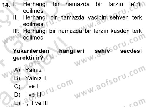 İslam İbadet Esasları Dersi 2023 - 2024 Yılı (Vize) Ara Sınav Soruları 14. Soru
