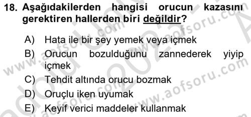 İslam İbadet Esasları Dersi 2023 - 2024 Yılı (Vize) Ara Sınav Soruları 18. Soru