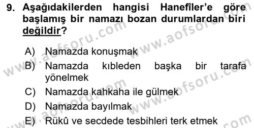 İslam İbadet Esasları Dersi Ara Sınavı Deneme Sınav Soruları 9. Soru