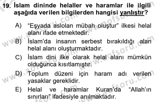 İslam İbadet Esasları Dersi 2023 - 2024 Yılı (Final) Dönem Sonu Sınav Soruları 19. Soru