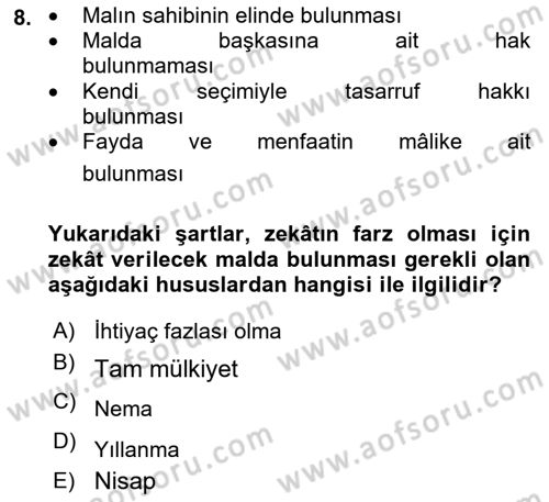 İslam İbadet Esasları Dersi 2023 - 2024 Yılı (Final) Dönem Sonu Sınav Soruları 8. Soru