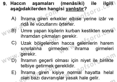İslam İbadet Esasları Dersi 2023 - 2024 Yılı (Final) Dönem Sonu Sınav Soruları 9. Soru